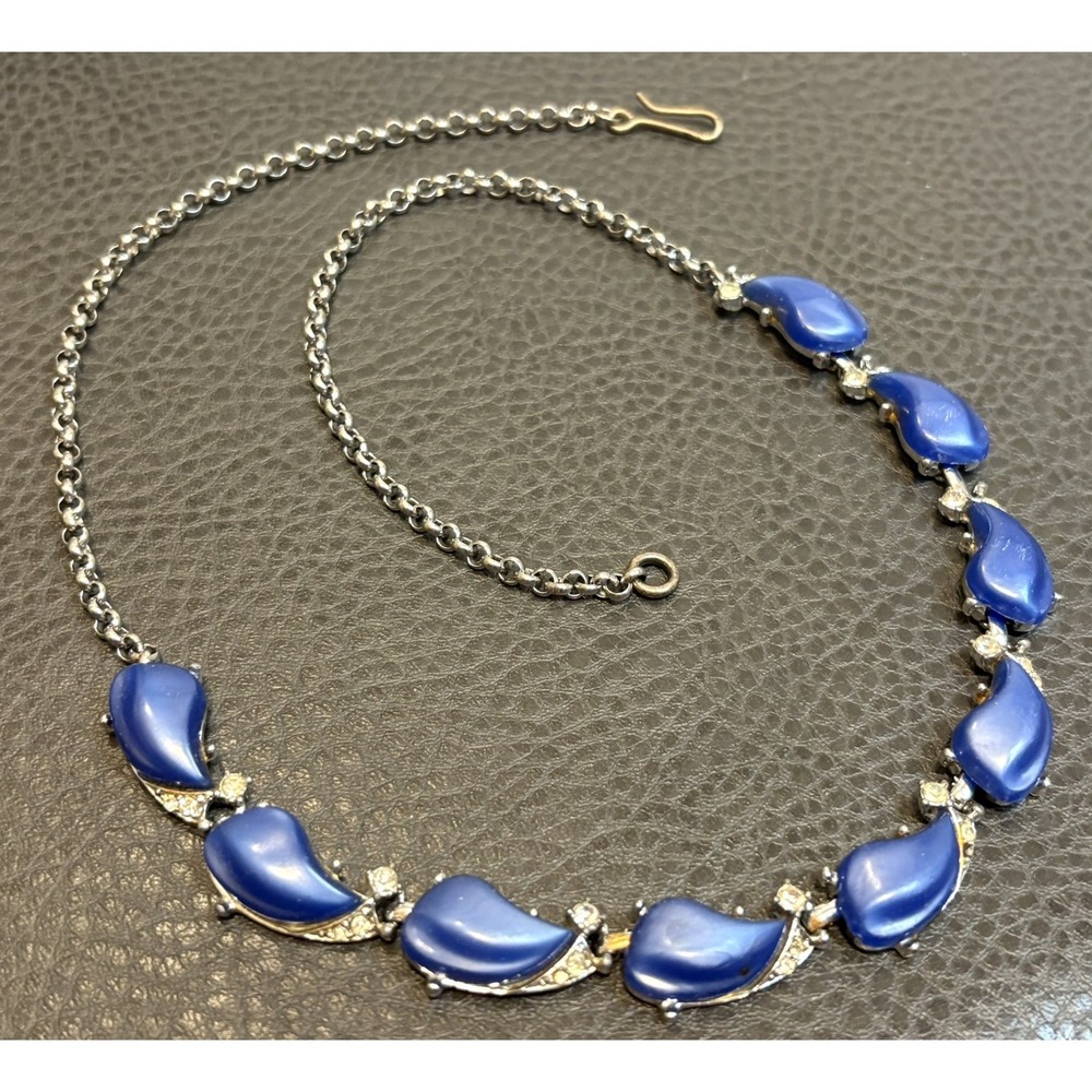 Vintage 1950's Blue Lucite Moon Glow Necklace Silver Tone Rhinestone Adjustable